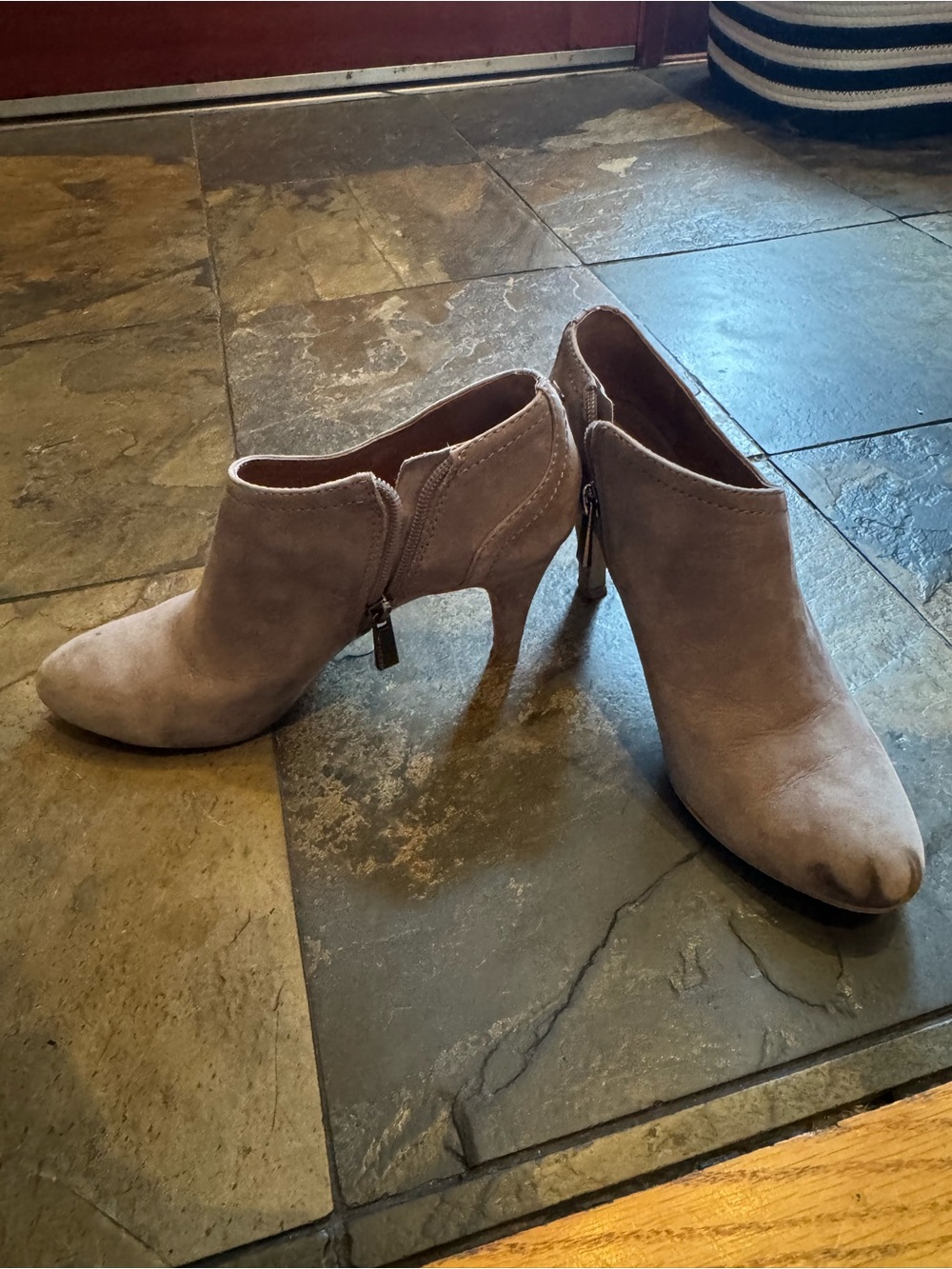 Vince Camuto Taupe Suede Pointed Toe Ankle Booties with Side Zip with flaws.